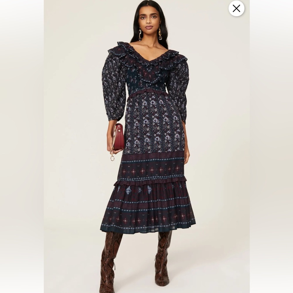 Sea New York Navy and Burgundy Floral Ruffled Midi Dress